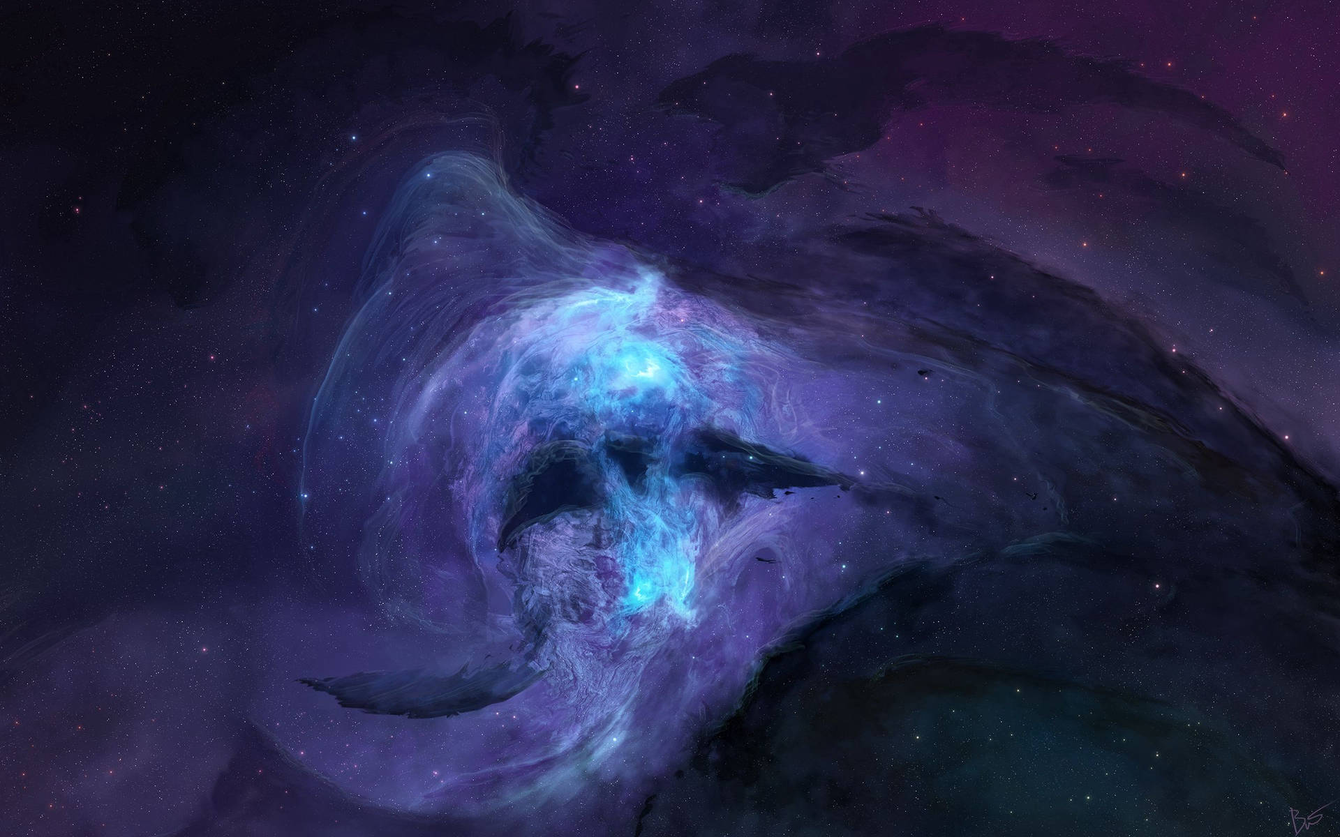 深空中一個發光的藍色星雲，被紫色雲和遙遠的星星包圍。