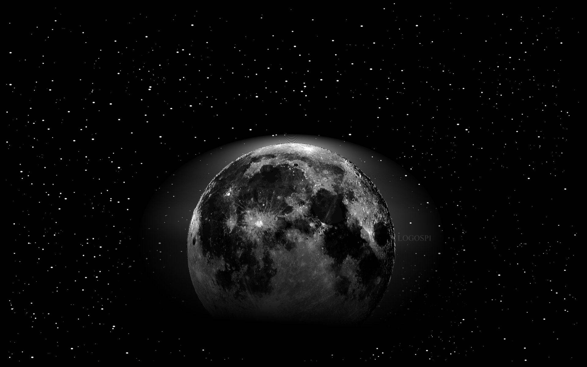 外太空中的黑色星球地球 壁紙 — 一個詳細的灰階月球，帶有隕石坑和月海，在深空的星場中柔和發光。