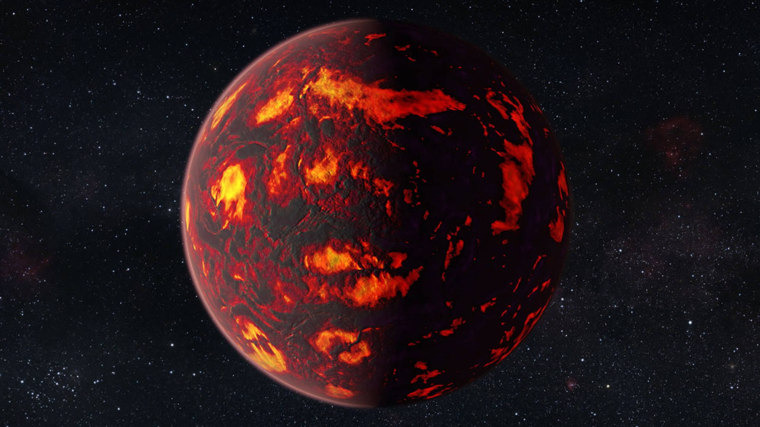 外太空中的黑色行星與熔岩 壁紙 — 一顆熔化的行星，帶有發光的橙色熔岩流，背景是繁星點點的宇宙。