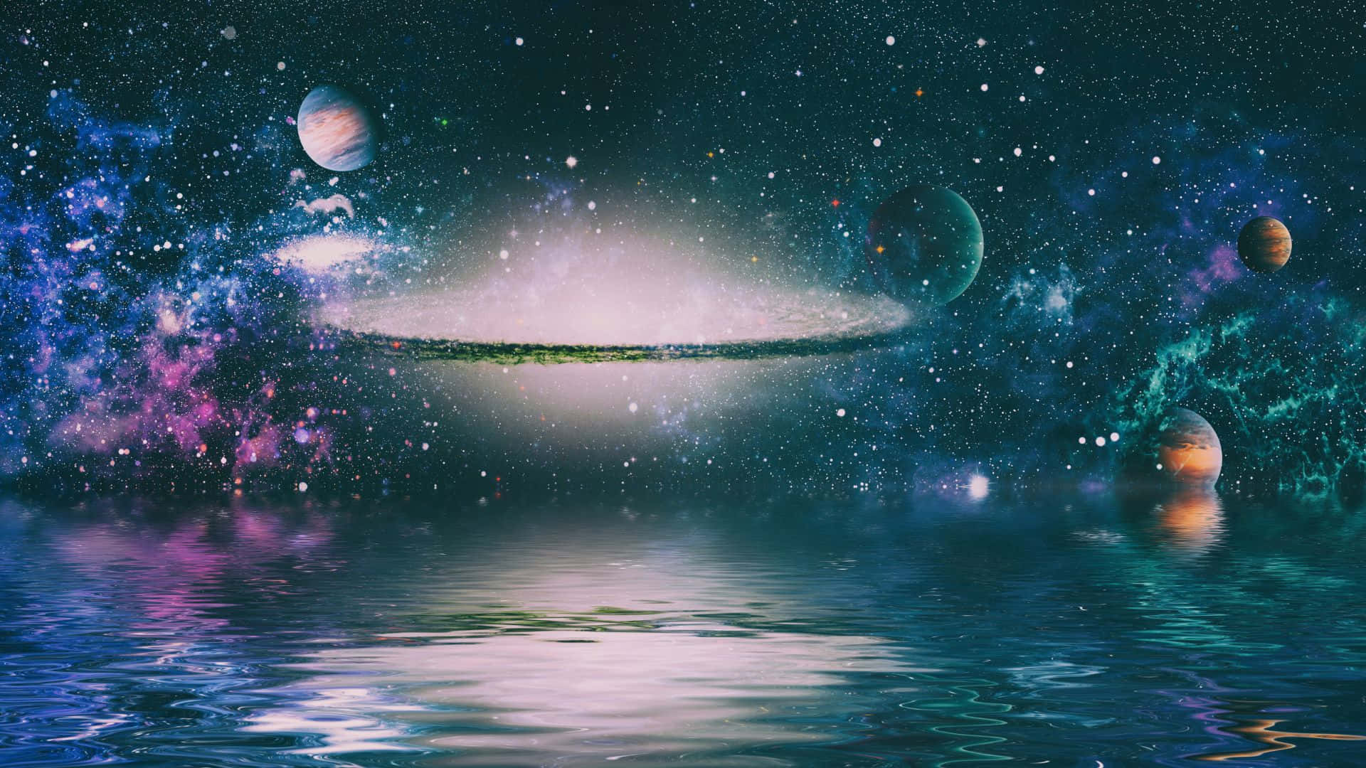 星空下平靜水面反射的星系和行星。