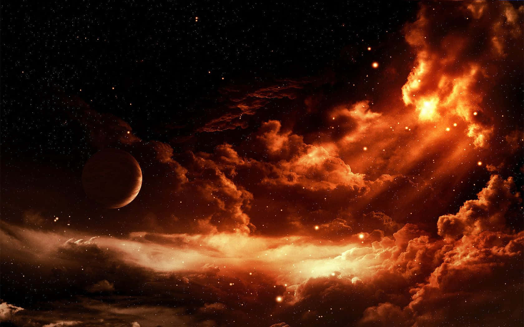 熾熱的宇宙風暴，帶有發光的行星和星空