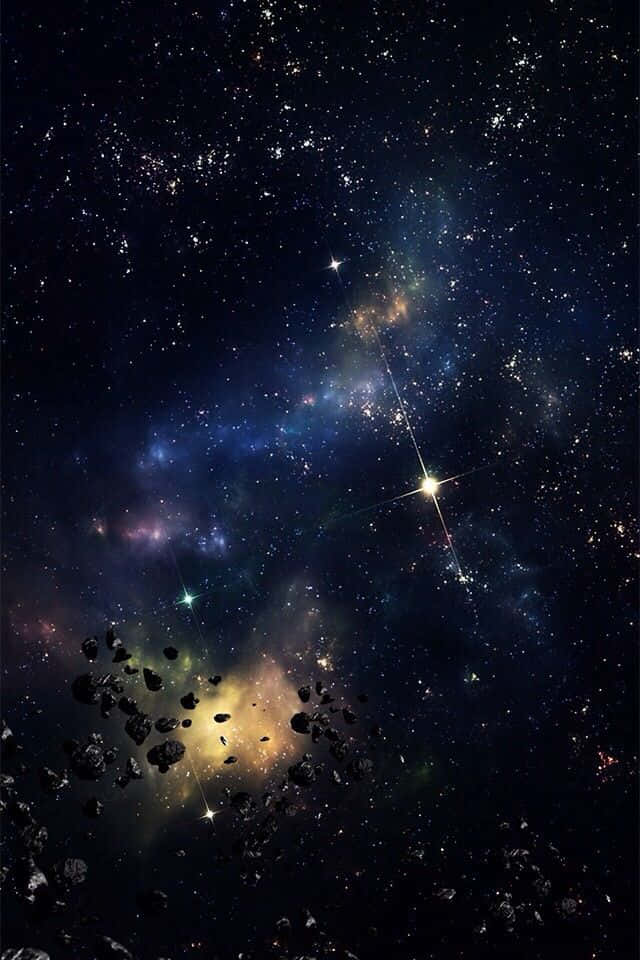 一個繁星點點的太空場景，有色彩繽紛的星雲和漂浮的小行星。
