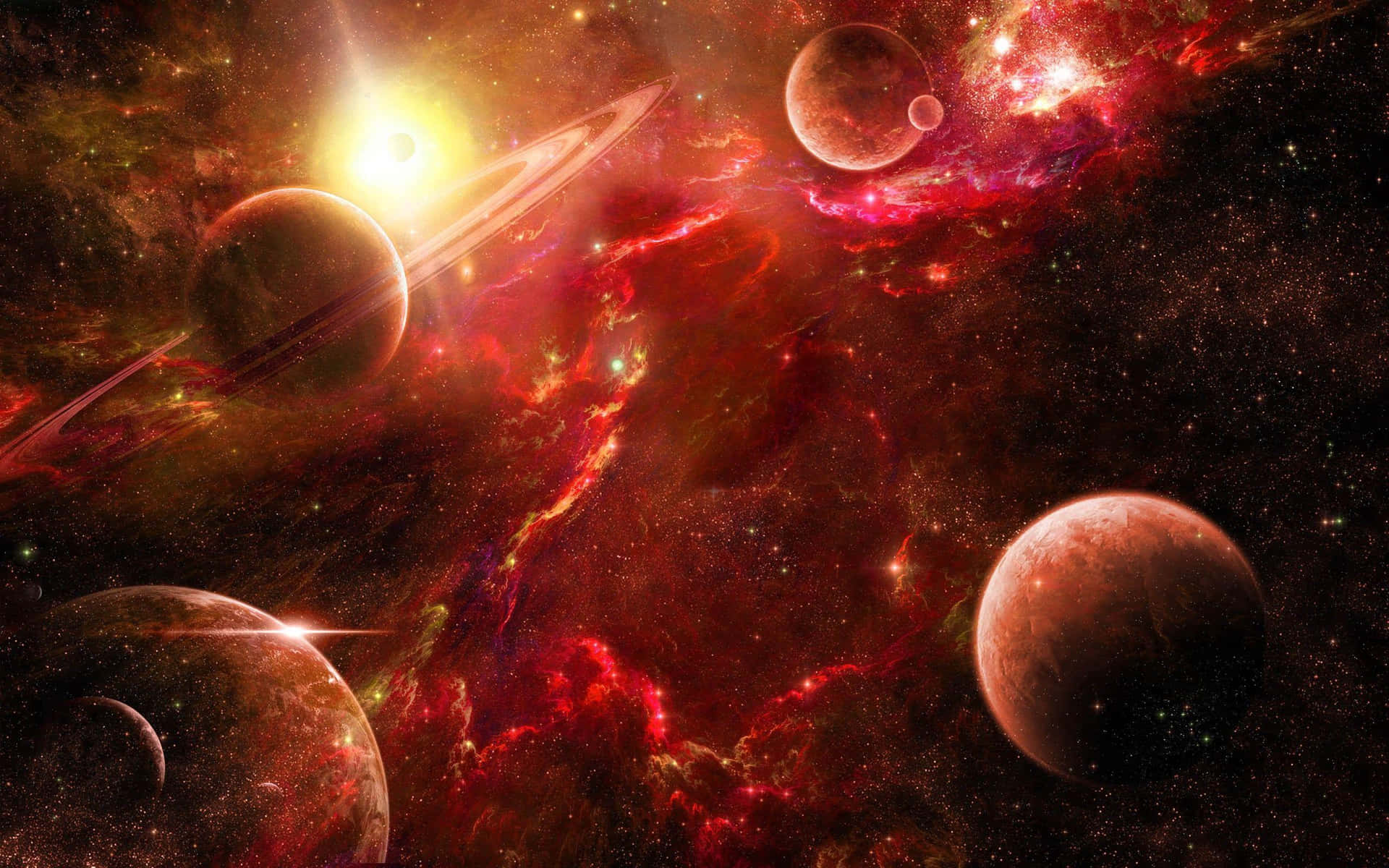 戲劇性的太空場景，發光的星雲和運行的行星。