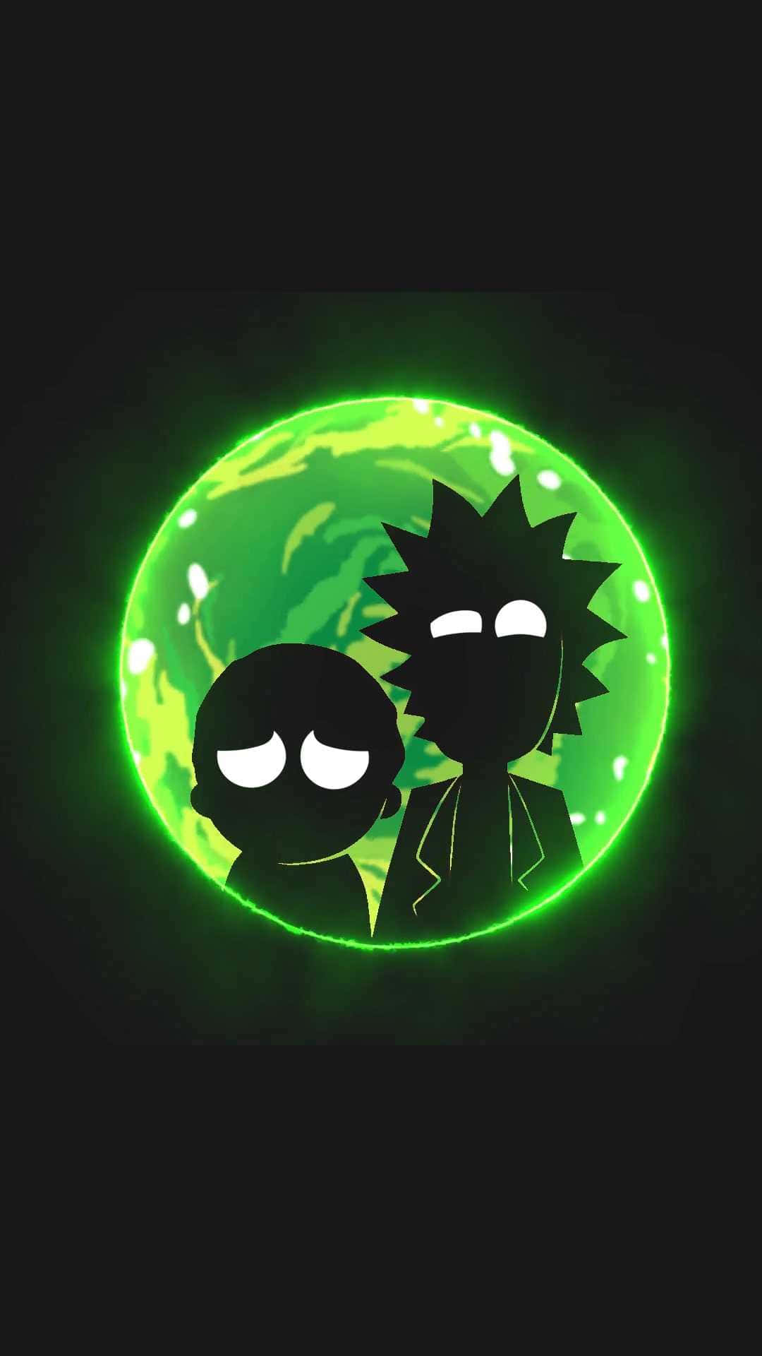 瑞克和莫蒂在發光綠色星球前的剪影。