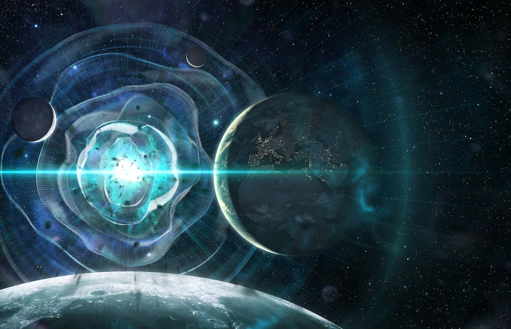 太空中靠近行星和月亮的發光藍色能量漩渦。
