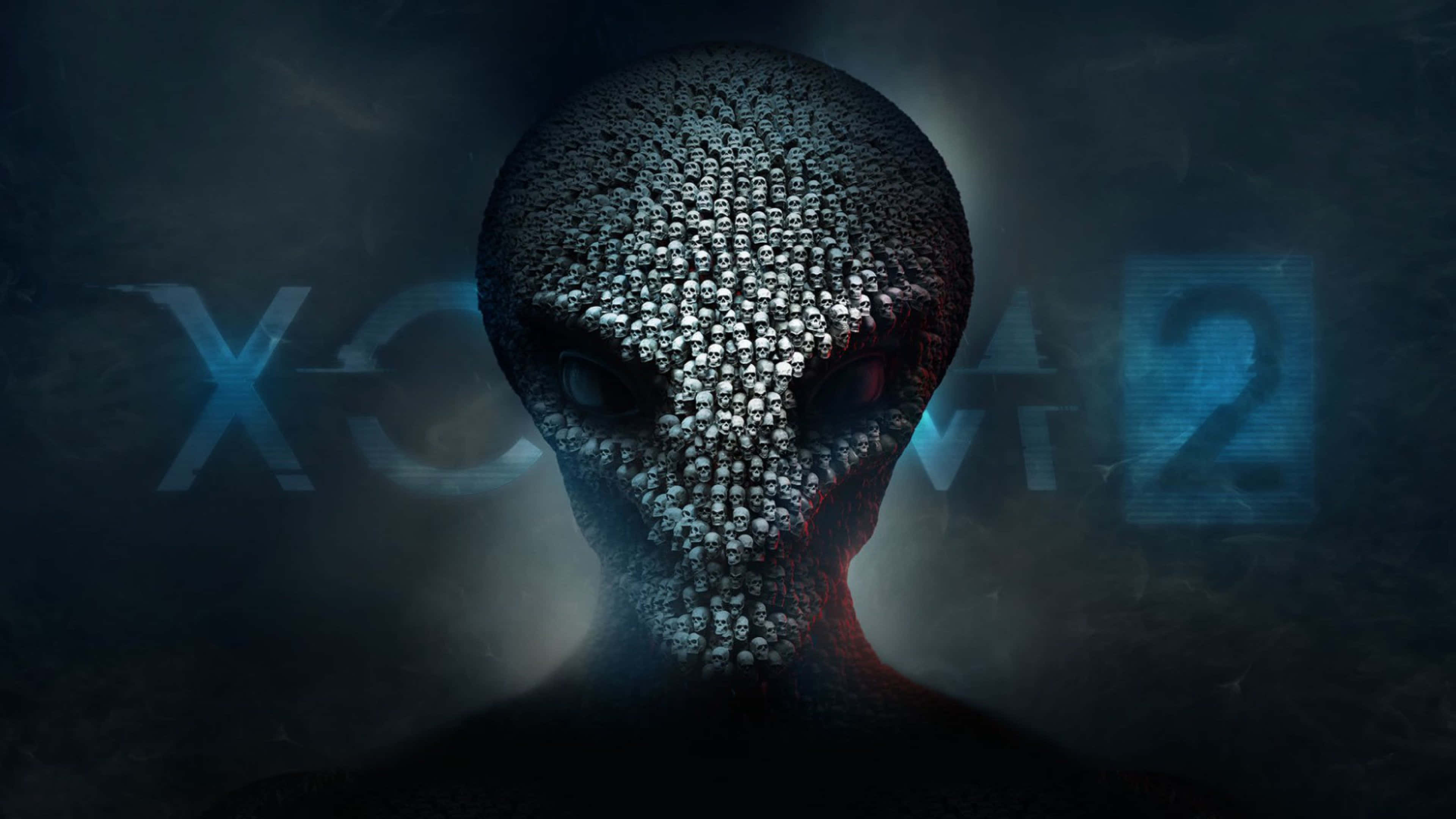 「外太空的神秘未知在 Alien 4K 藝術作品中活了起來」 壁紙 — 一個由頭骨組成的威脅性外星人頭顱，在黑暗迷霧背景中閃爍著紅色眼睛，帶有褪色的XCOM 2文字。