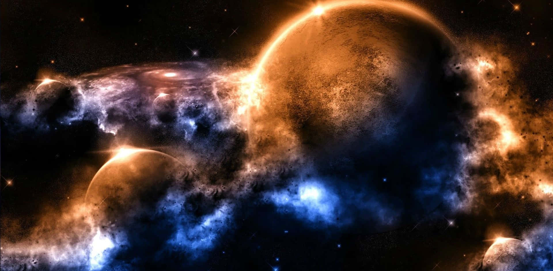 繁星點點的宇宙虛空中發光的行星和藍色星雲。