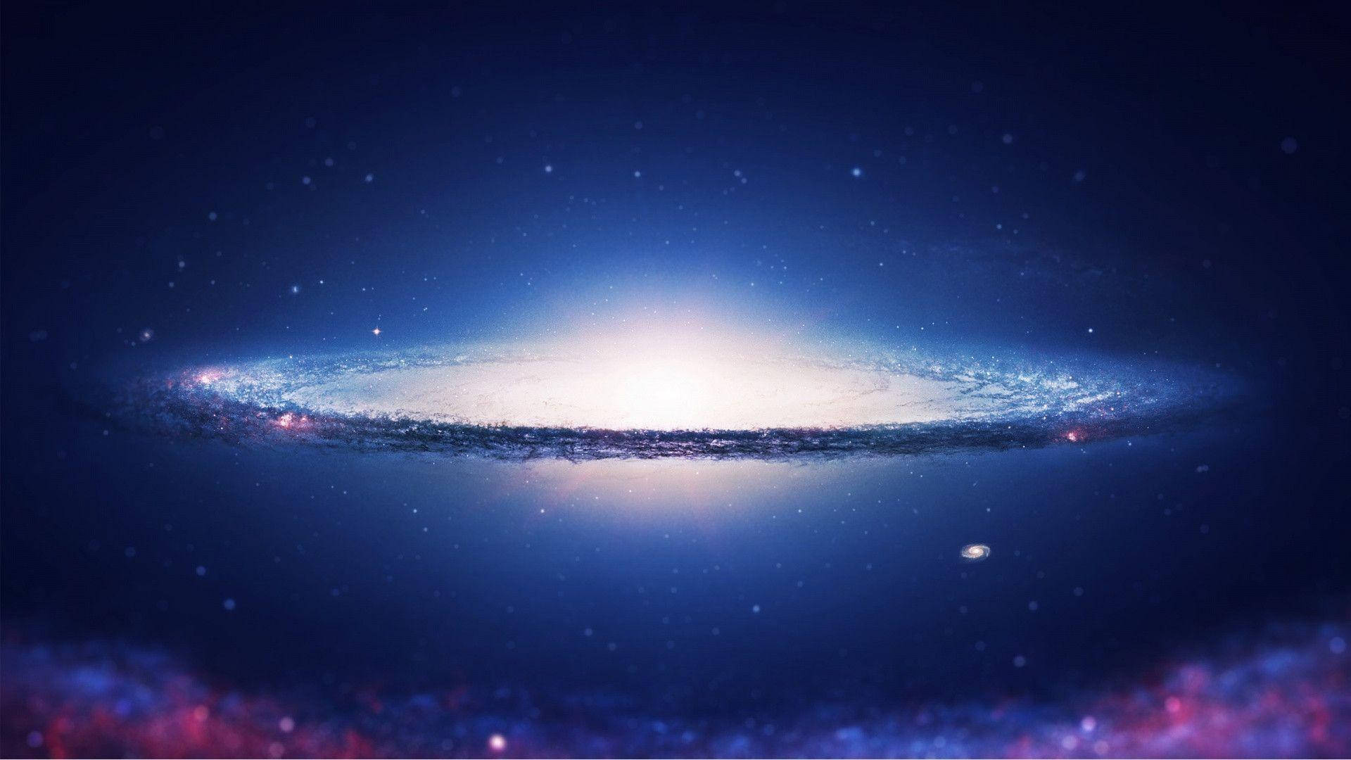 一個發光的螺旋星系，帶有藍色和白色色調，襯托在黑暗的星空背景下。