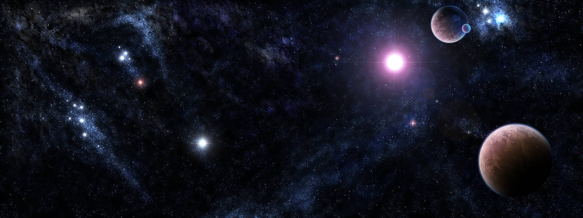 一個繁星點點的星系，有發光的星雲和行星漂浮在深空中。