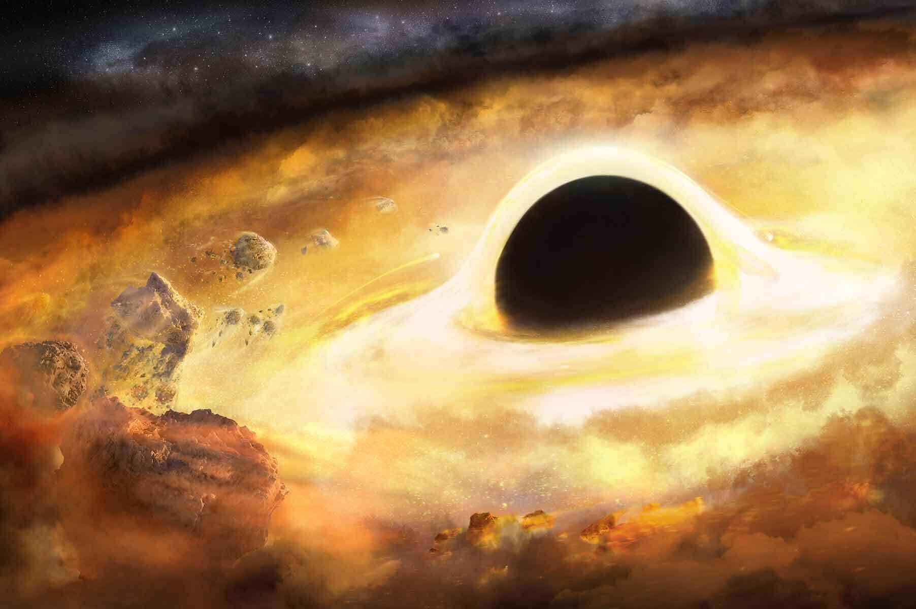 外太空黑洞天文攝影 壁紙 — 一個宇宙黑洞，帶有發光的吸積盤和漂浮的小行星，位於熾熱的橙色和黃色星雲中。