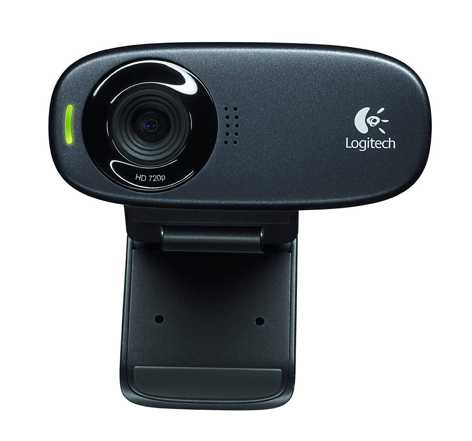黑色 Logitech HD 720p 網絡攝像頭，帶綠色電源燈