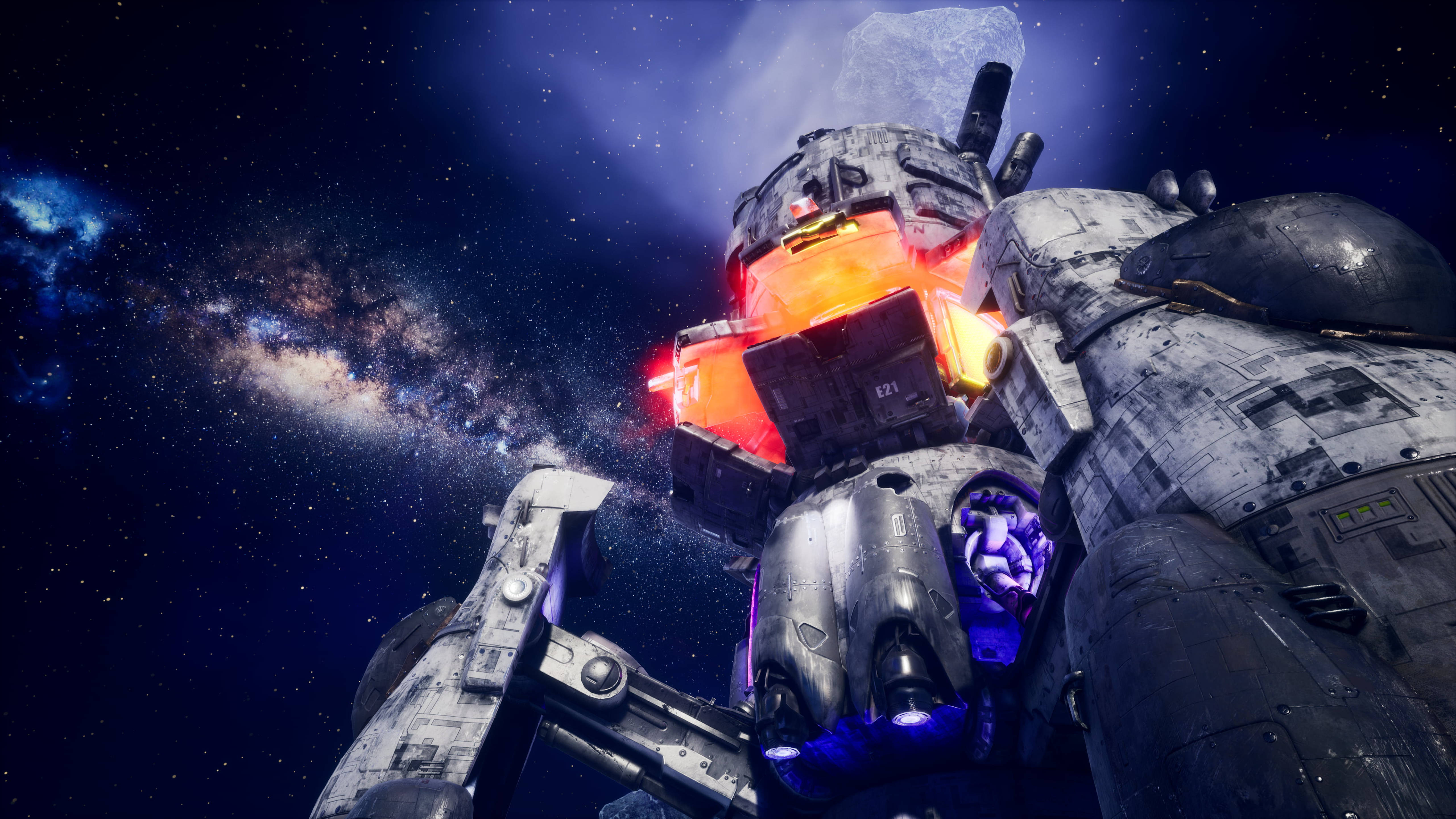 外星世界 RPG《Outer Worlds》的壯麗宇宙 壁紙 — 一架巨大的裝甲機甲站在太空中，發出紅藍光芒，背景是星光熠熠的星系。