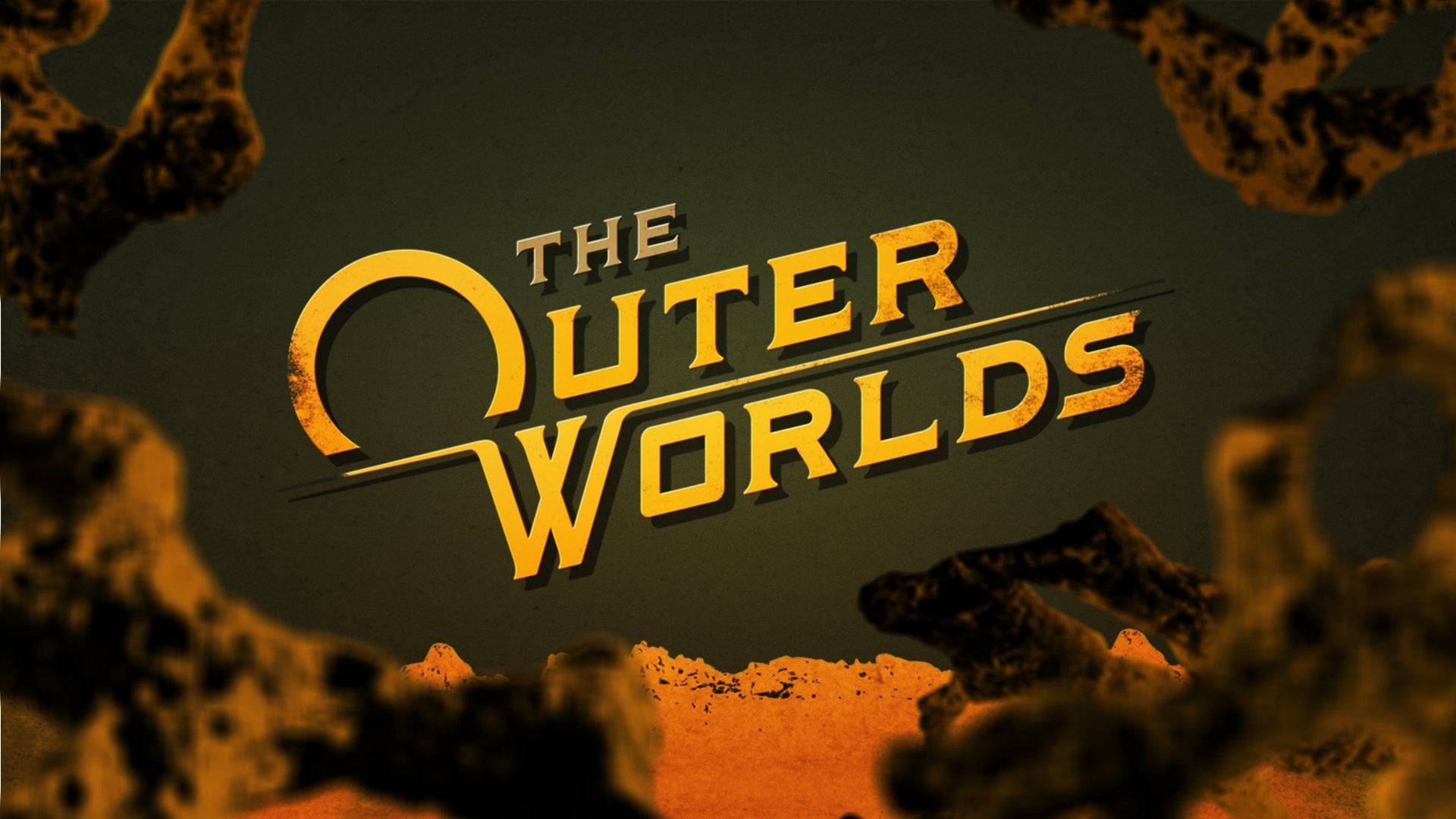 遊戲標題「The Outer Worlds」以金色字母呈現，由外星岩石結構框住。