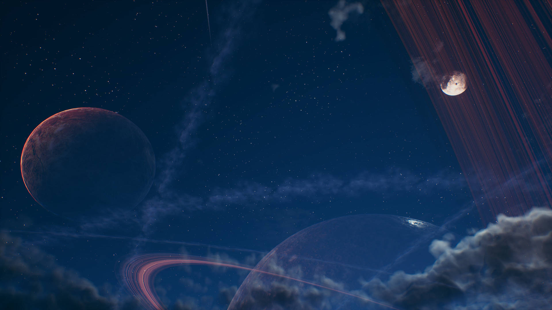 發光的行星和環漂浮在繁星點點的夜空和飄動的雲層中。