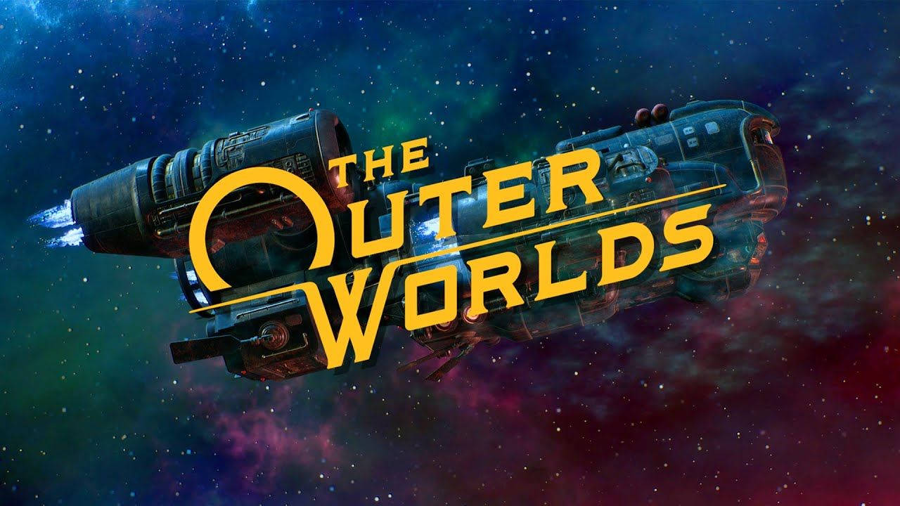 一艘太空船飛過色彩繽紛的星雲，帶有「The Outer Worlds」標題。
