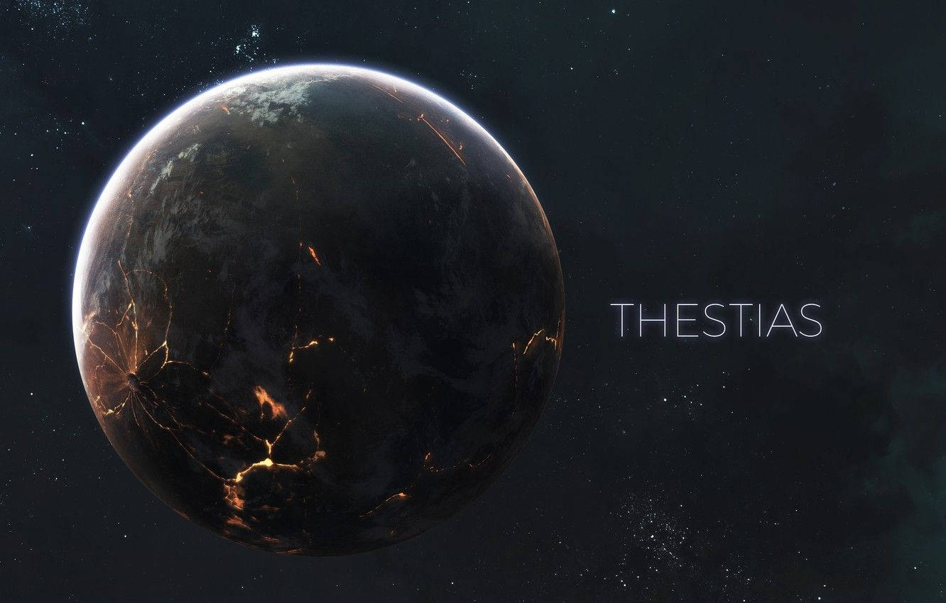 太空中一顆帶有發光橙色裂縫的黑暗行星，標有 Thestias。