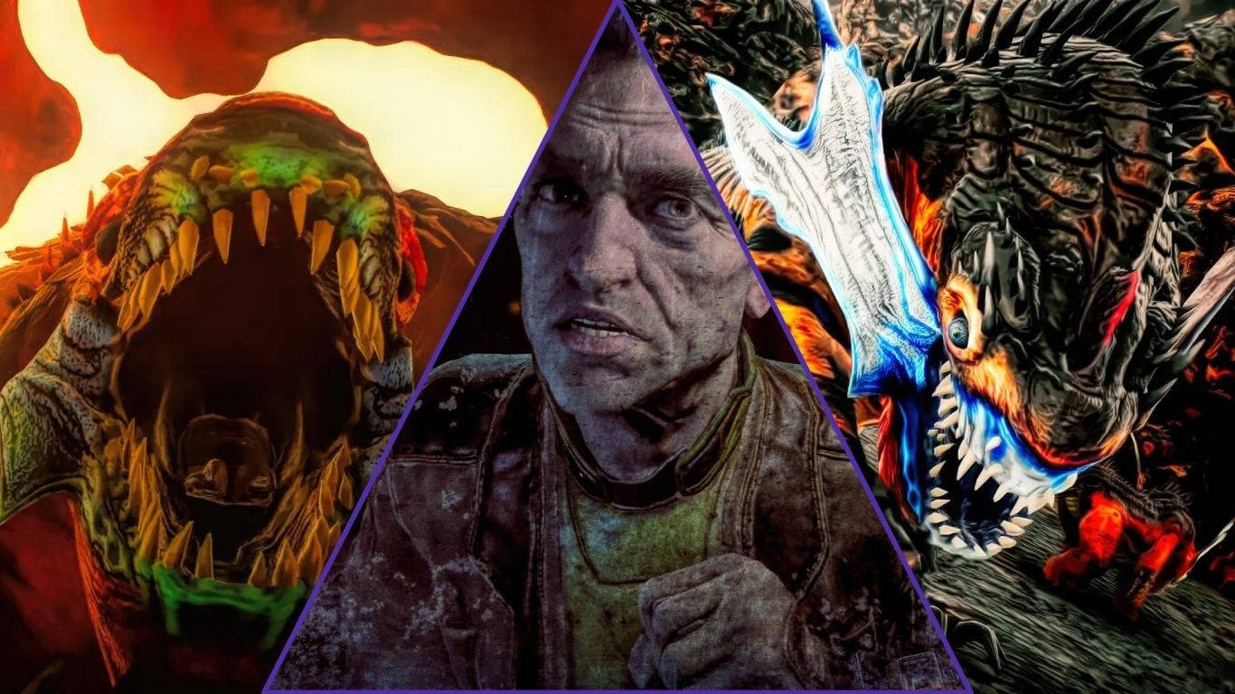 一個穿著深色外套的男人恐懼地盯著兩個怪物在熾熱的場景中。