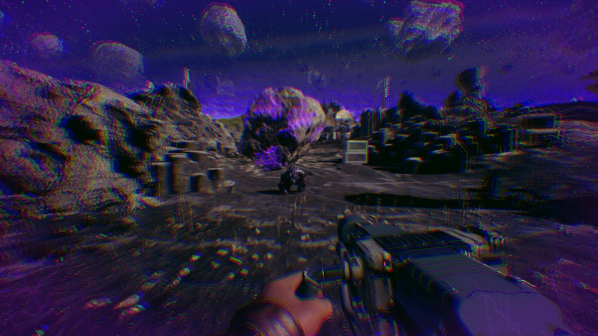 玩家手持未來武器，在星空下的紫色外星地形中瞄準發光的外星人。