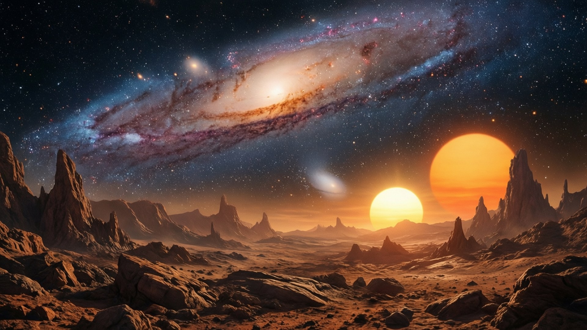 外星沙漠，有兩個太陽和一個發光的星系在上方。