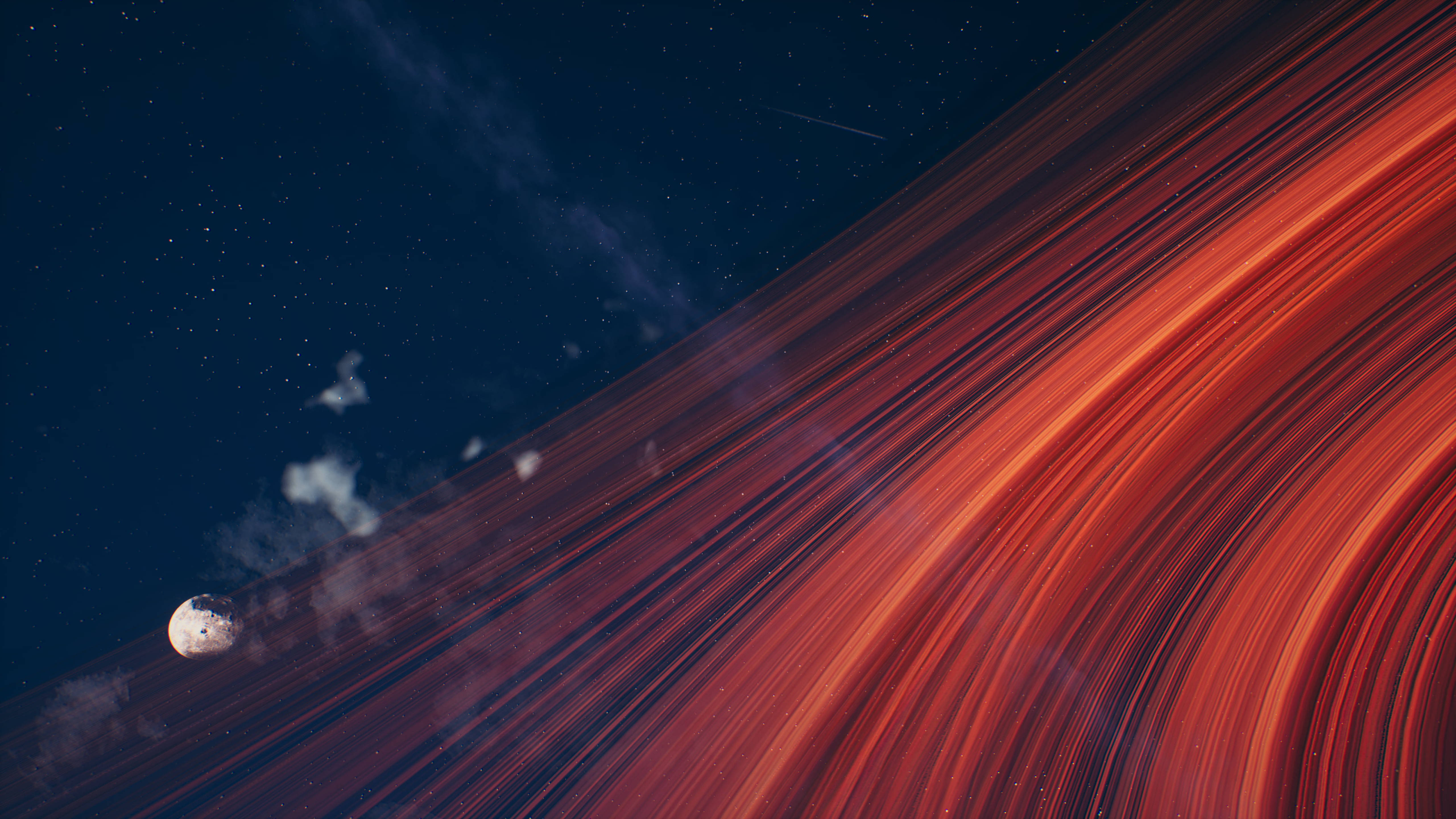 外星世界遊戲中的太空冒險 壁紙 — 一個宇宙場景，有一顆行星和旋轉的紅色星雲劃過繁星點點的夜空。