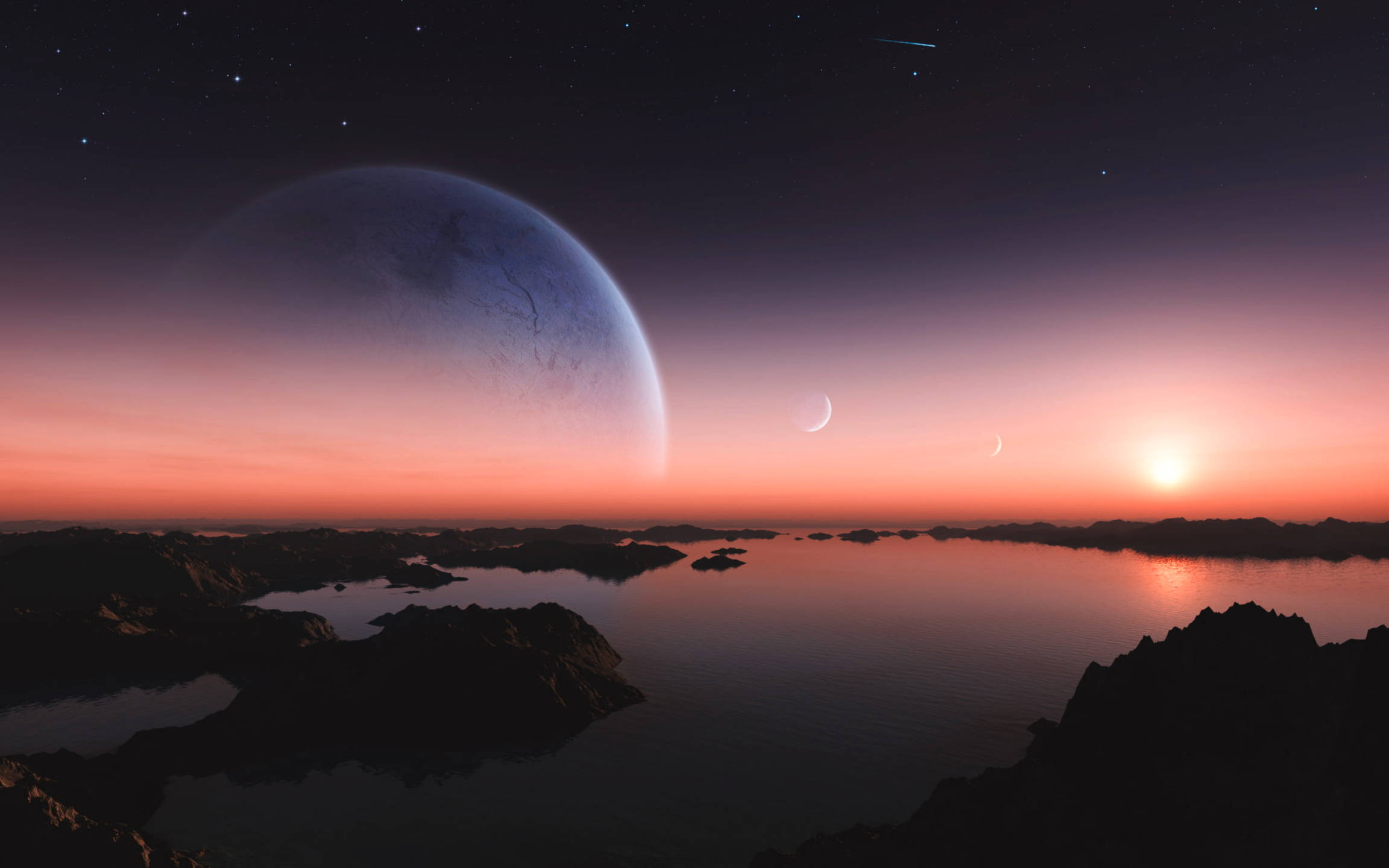 外星世界高清風景桌面 壁紙 — 平靜的湖面上，一個巨大的藍色行星和彎月照亮了暮色天空，呈現出寧靜的外星日落。