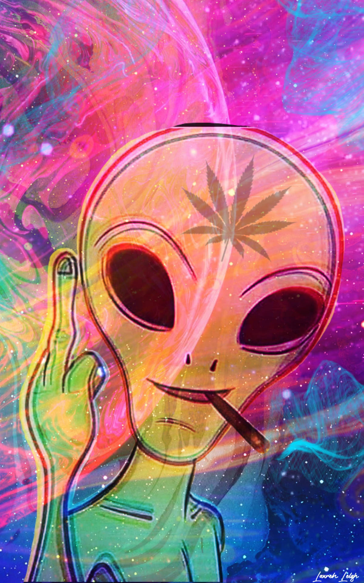 帶有大麻紋身的外星人在宇宙漩渦中抽煙並豎起中指 — 大麻 壁紙