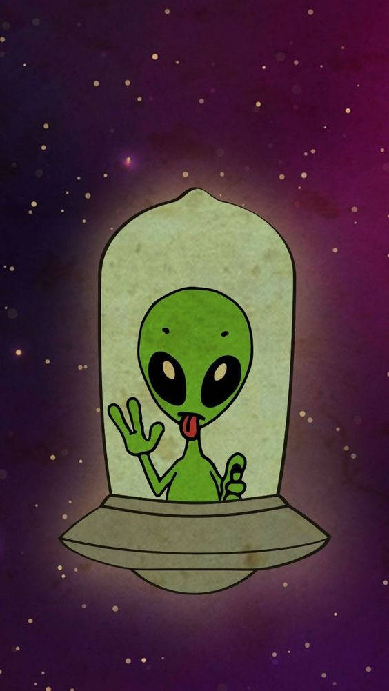 一個卡通外星人在太空中的飛碟上揮手並伸出舌頭。