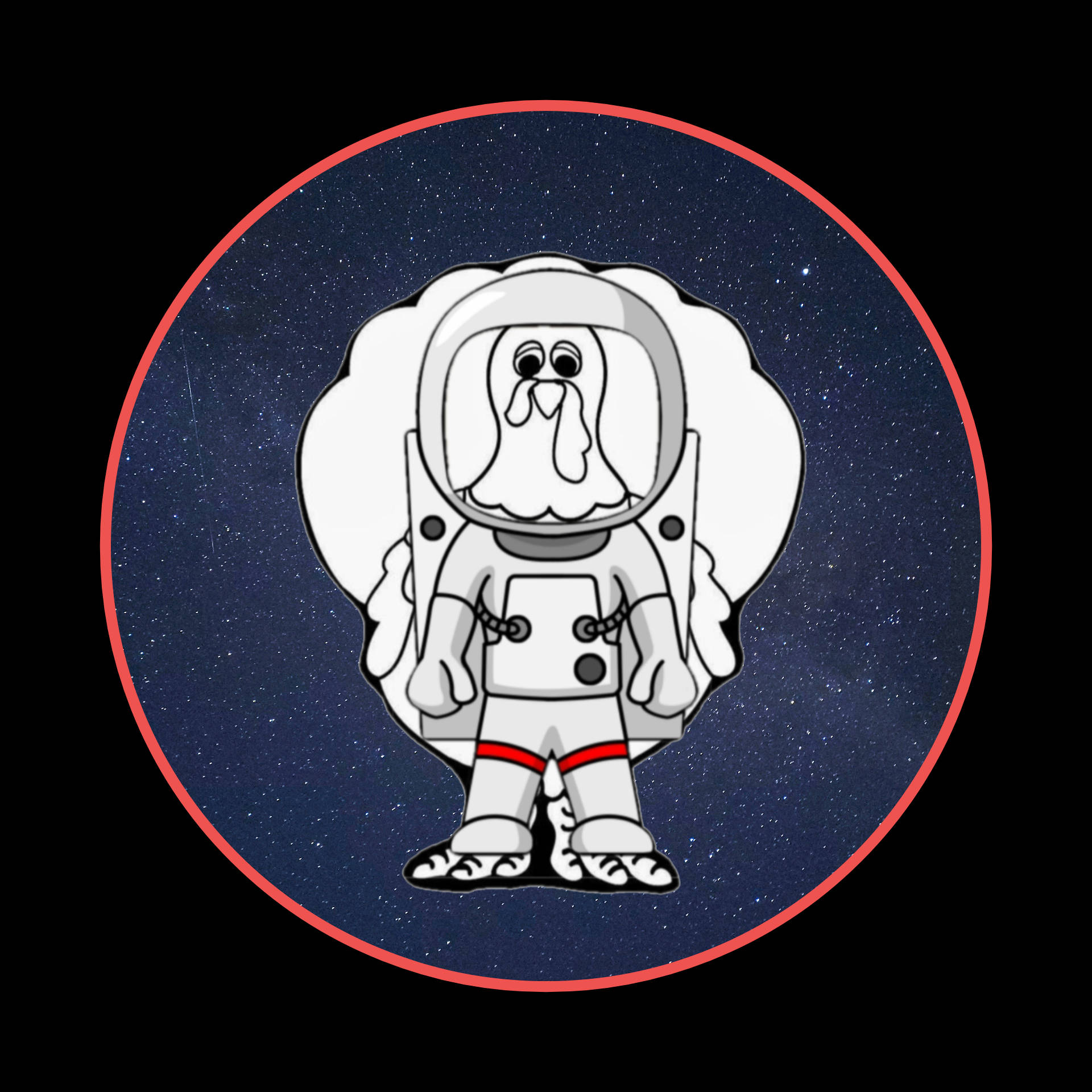 一隻卡通雞太空人在太空中漂浮，背景有星星。