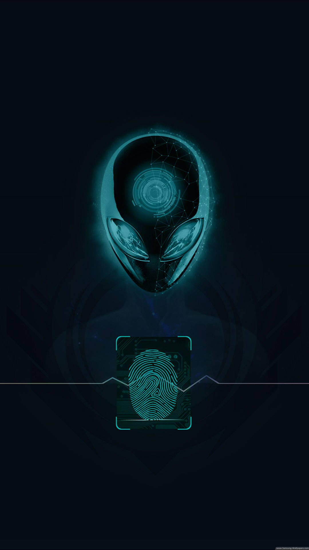外星人頭部帶有發光藍色科技界面和指紋掃描器。