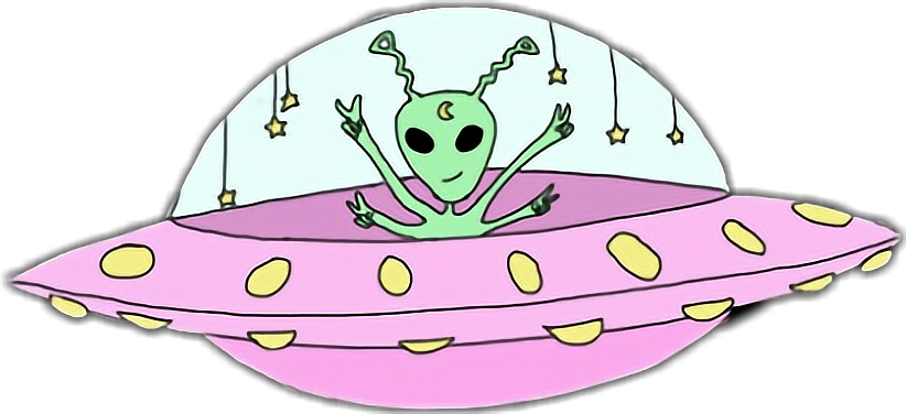 外星人揮手道別 壁紙 — 一個快樂的綠色外星人，有三隻眼睛和天線，從一個裝飾著黃色斑點的粉紅色飛碟中揮手，背景是黑色。