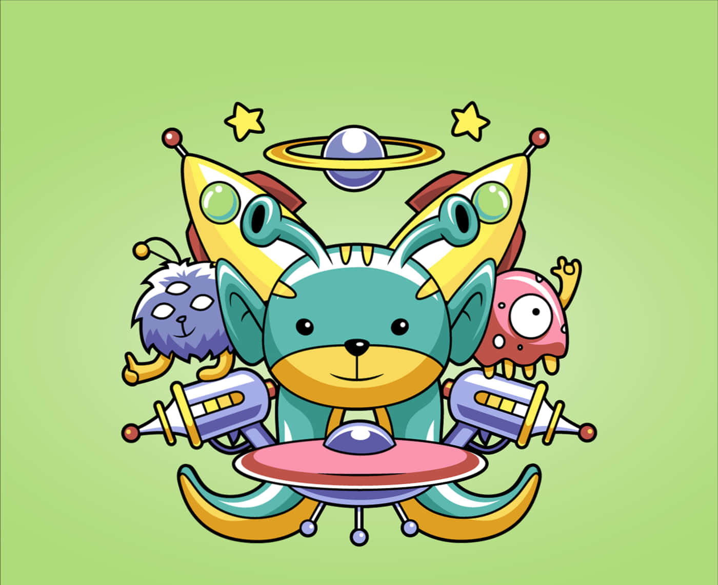一個開心的外星人，有太空船手臂和一個被星星和行星包圍的UFO。