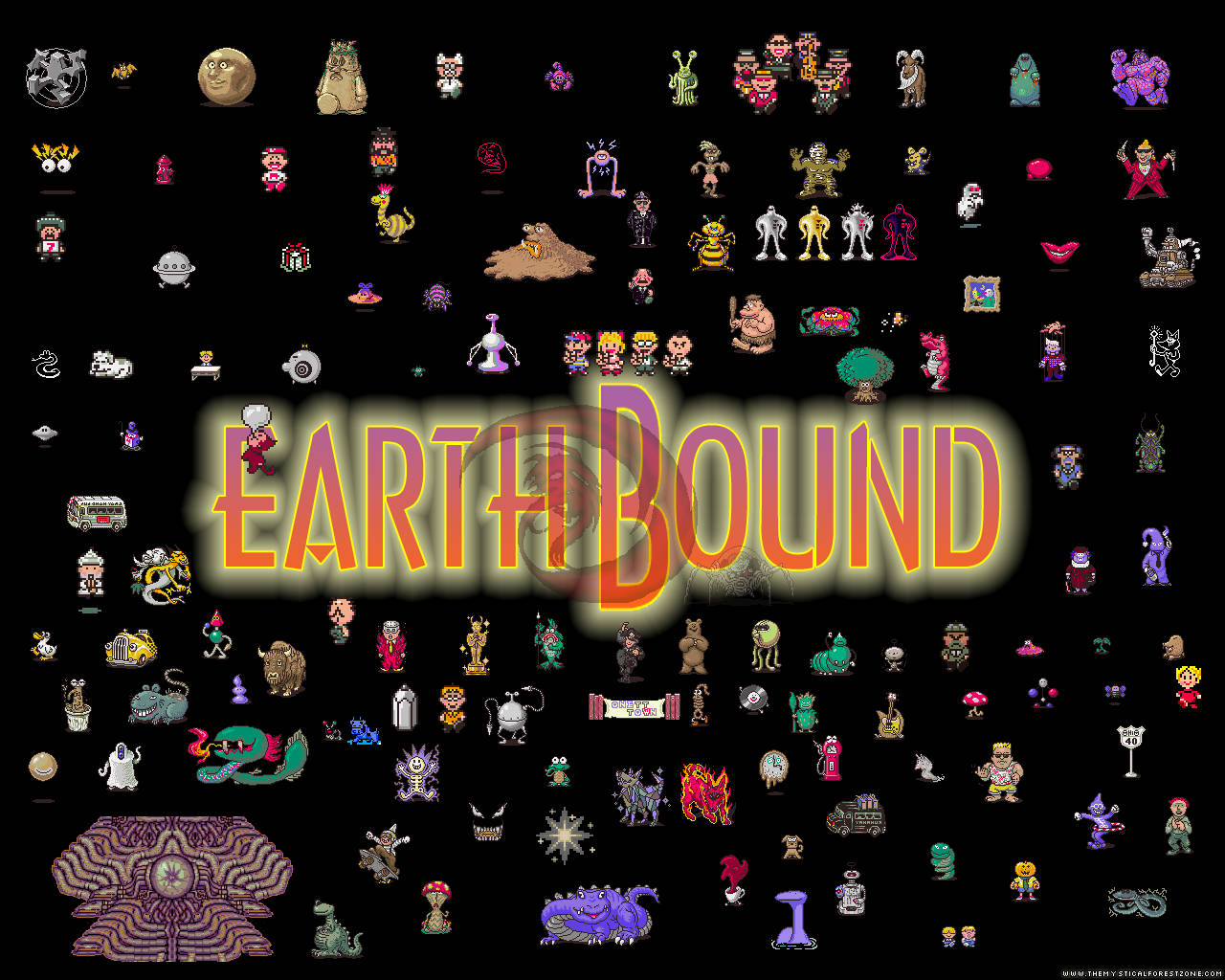 EarthBound 遊戲角色精靈以像素藝術風格圍繞標題標誌排列。