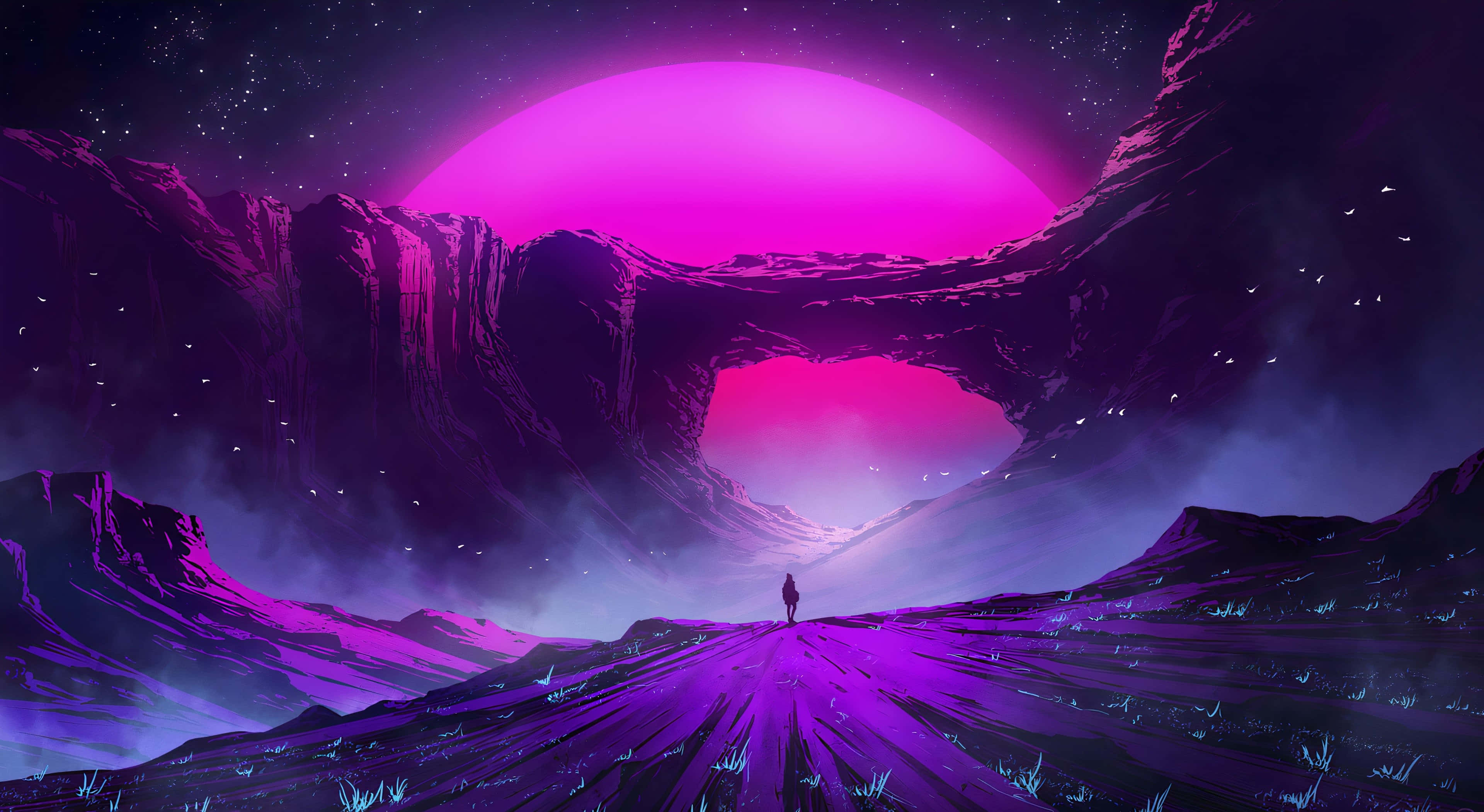 外星人與暮色紫日 壁紙 — 一個孤獨的身影站在發光的紫色小徑上，下方是一個巨大的粉紅色行星，位於超現實的外星峽谷中。