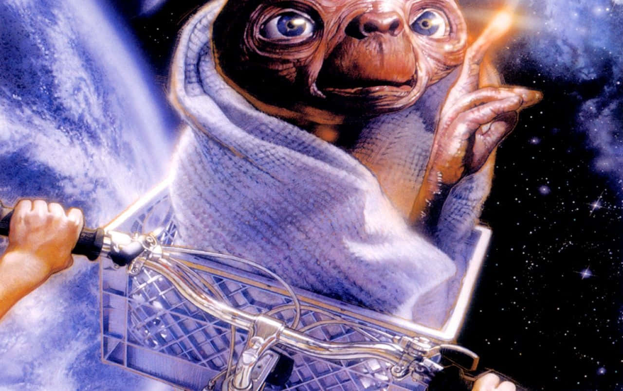 E.T. 外星人在購物車中漂浮於太空，背景有地球。