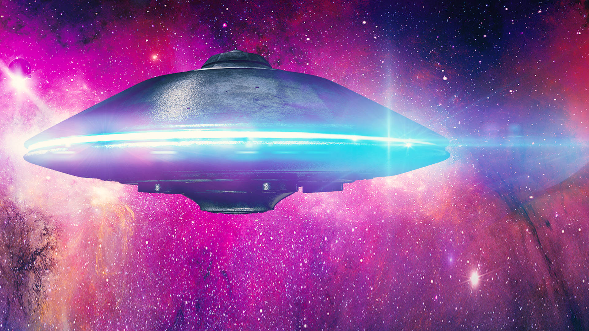 光滑的UFO帶有發光環，漂浮在多彩的宇宙星雲中。