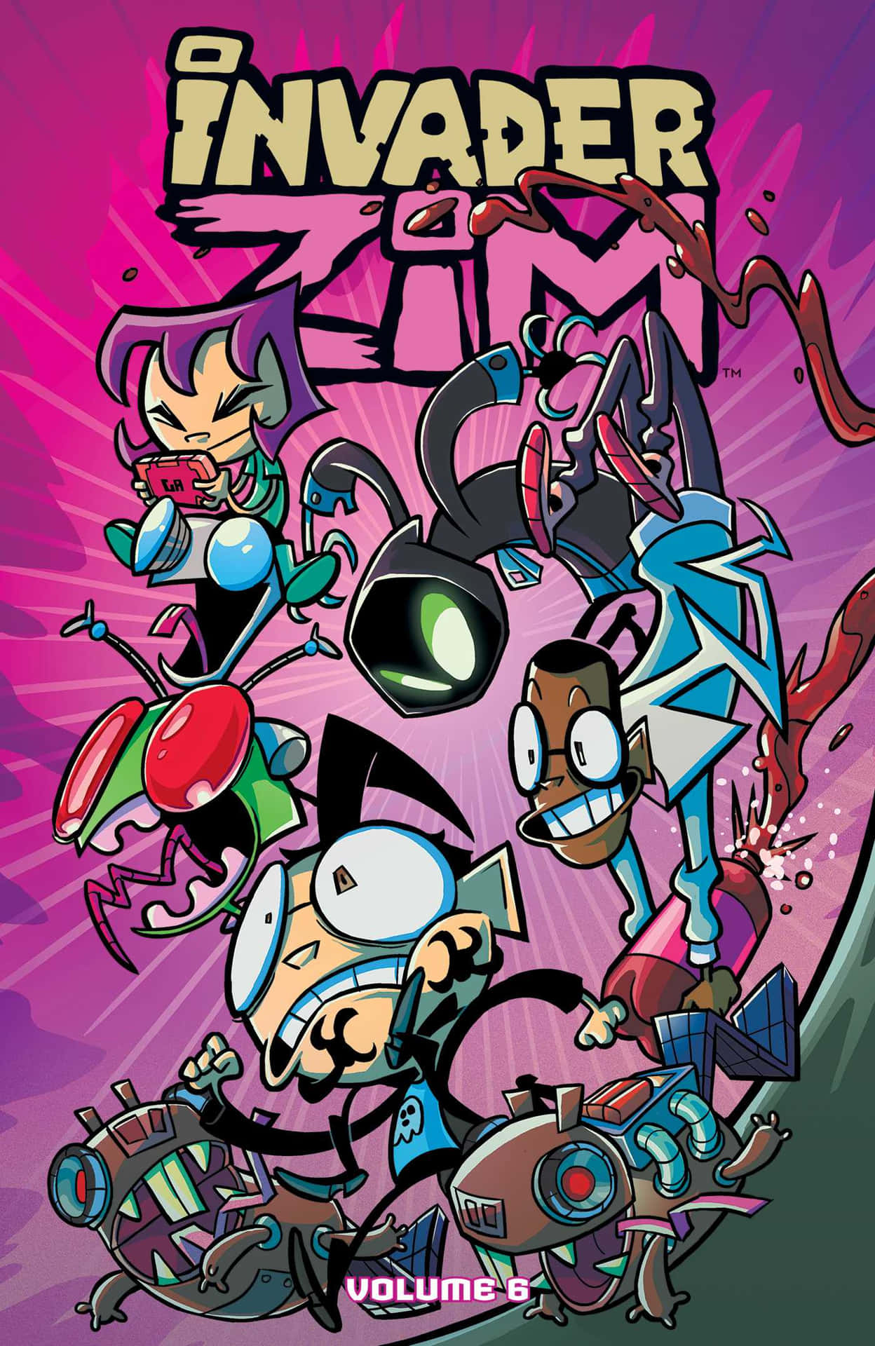 Invader Zim 角色在色彩鮮豔的混亂動作場景中。