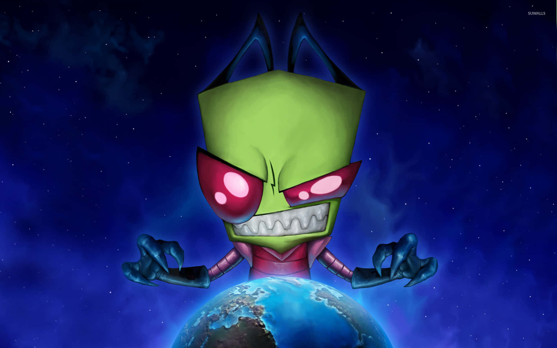 綠色外星人在地球上冥想，背景是星空。