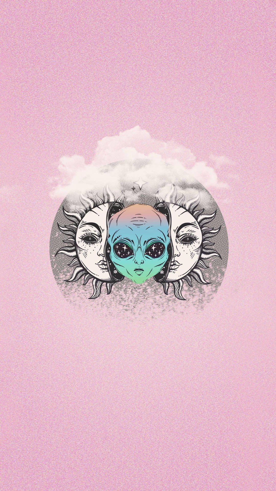 粉紅色背景上，太陽和月亮面孔之間帶有星星眼睛的外星人