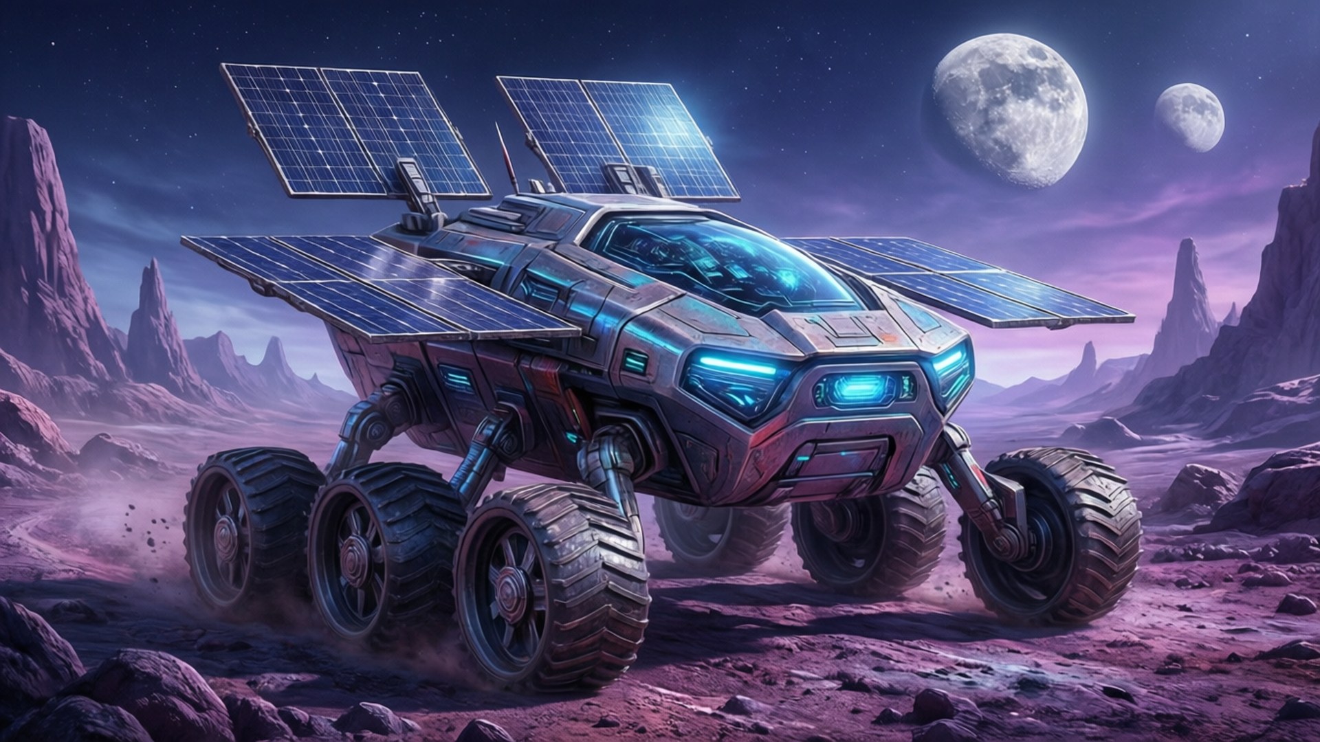未來太陽能漫遊車在天空中有兩個月亮的外星行星上行駛。