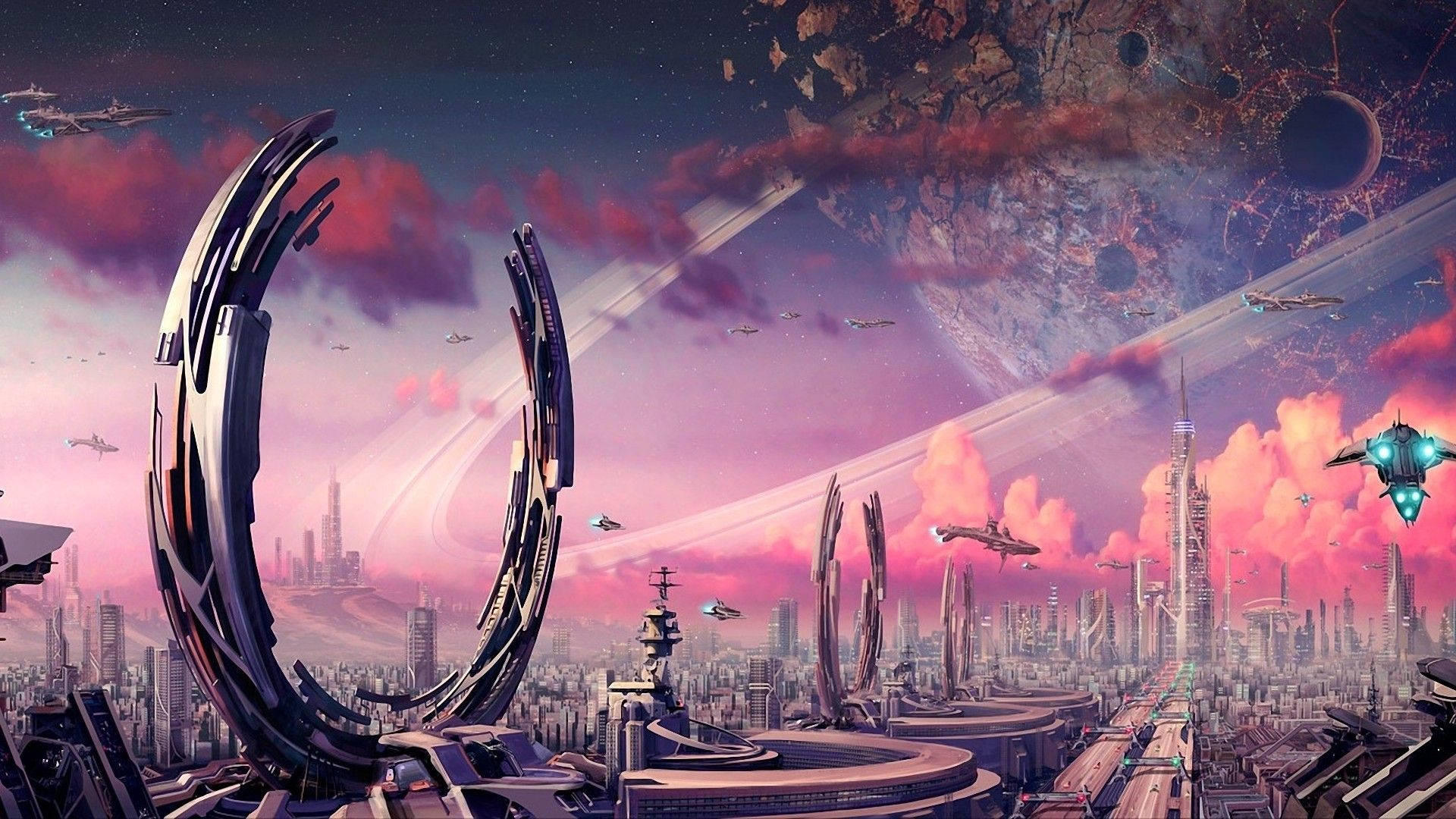在宇宙天空下，擁有飛船和環形結構的未來城市。