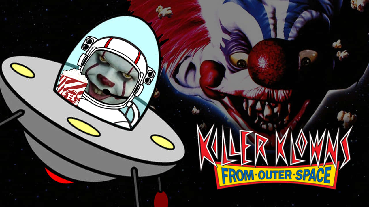 外星殺人小丑與 Pennywise 壁紙 — 一個卡通外星小丑乘坐UFO飛過一個巨大的威脅性小丑臉，背景是星空太空。