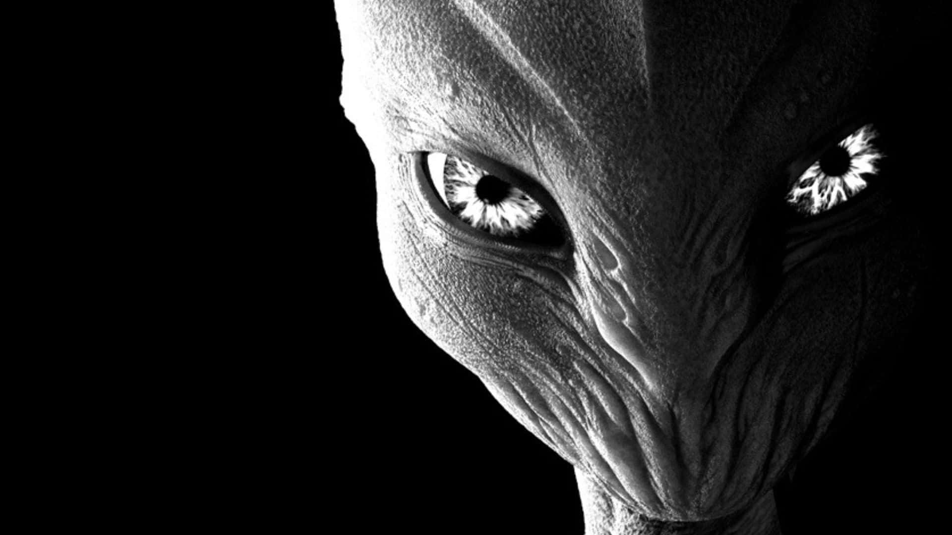 外星生物飛越太空站 壁紙 — 特寫一個皺紋外星人臉孔，眼睛發光，背景為黑色。
