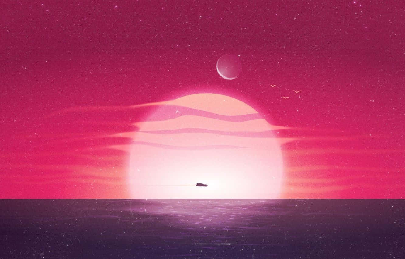 一艘小船在平靜的海面上滑行，上方是發光的粉紅色太陽和新月。