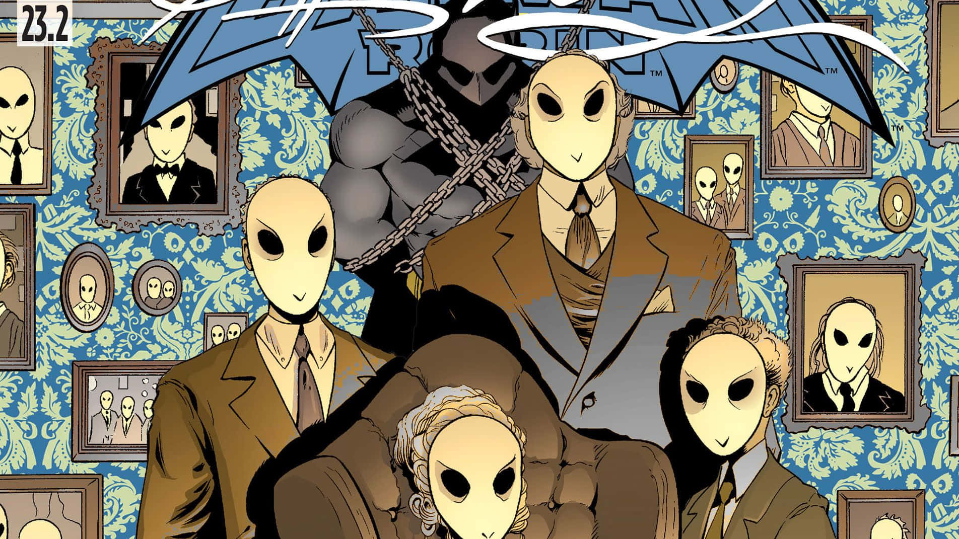 The Court Of Owls 桌布 壁紙 — 外星面孔、身穿西裝的人物在藍色圖案牆紙背景下，坐在或站立於華麗肖像畫之間。