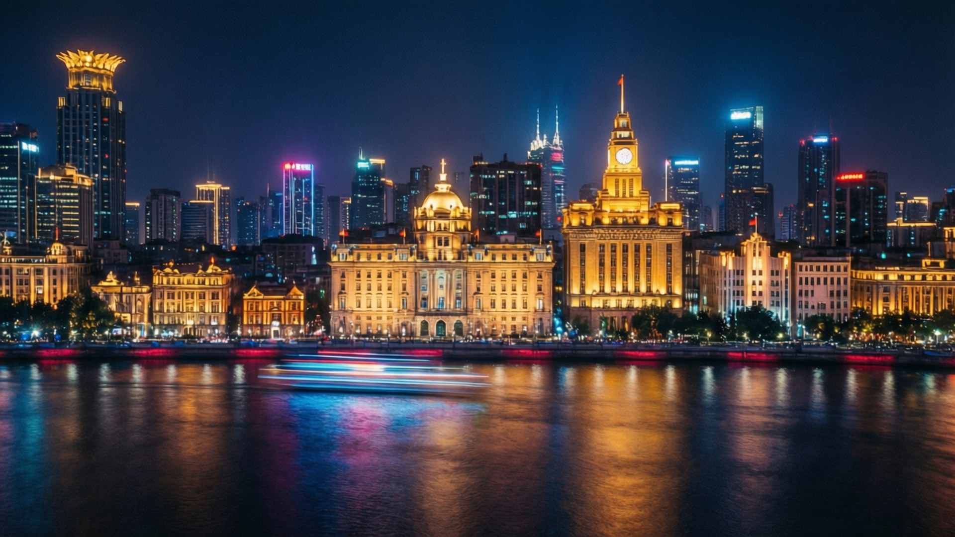 城市天際線的夜景，發光的建築物倒映在河面上，還有船隻的光跡。