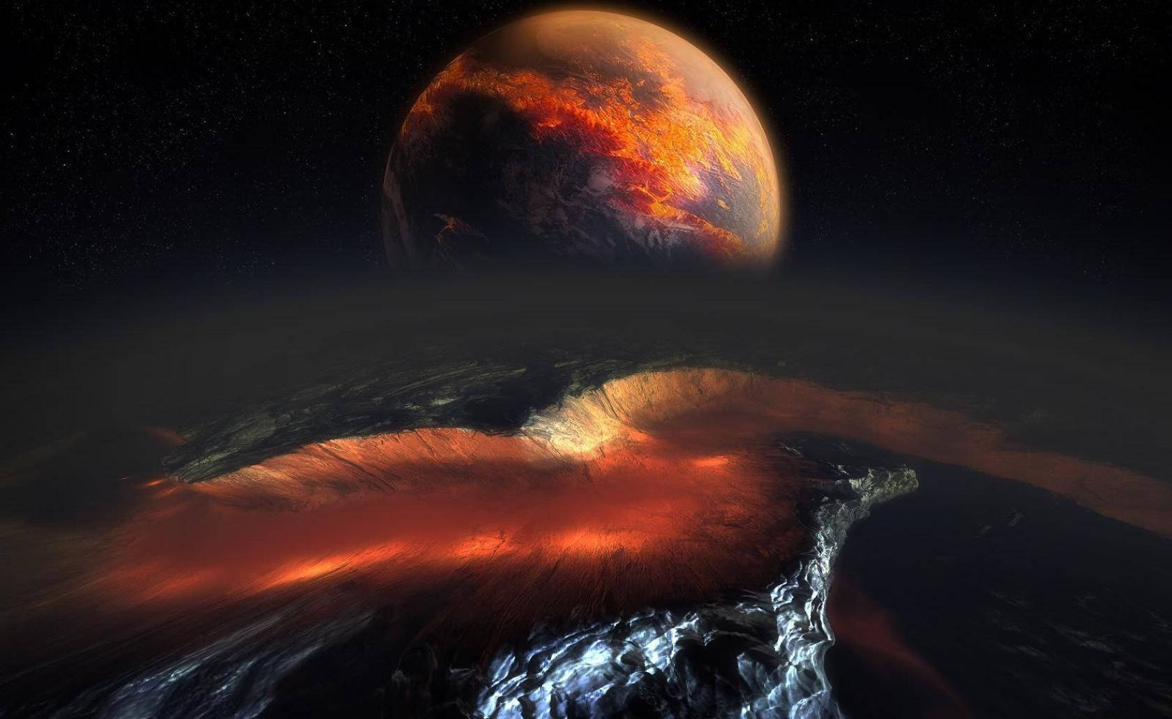 太空中帶有發光熔岩河流的熾熱外星行星