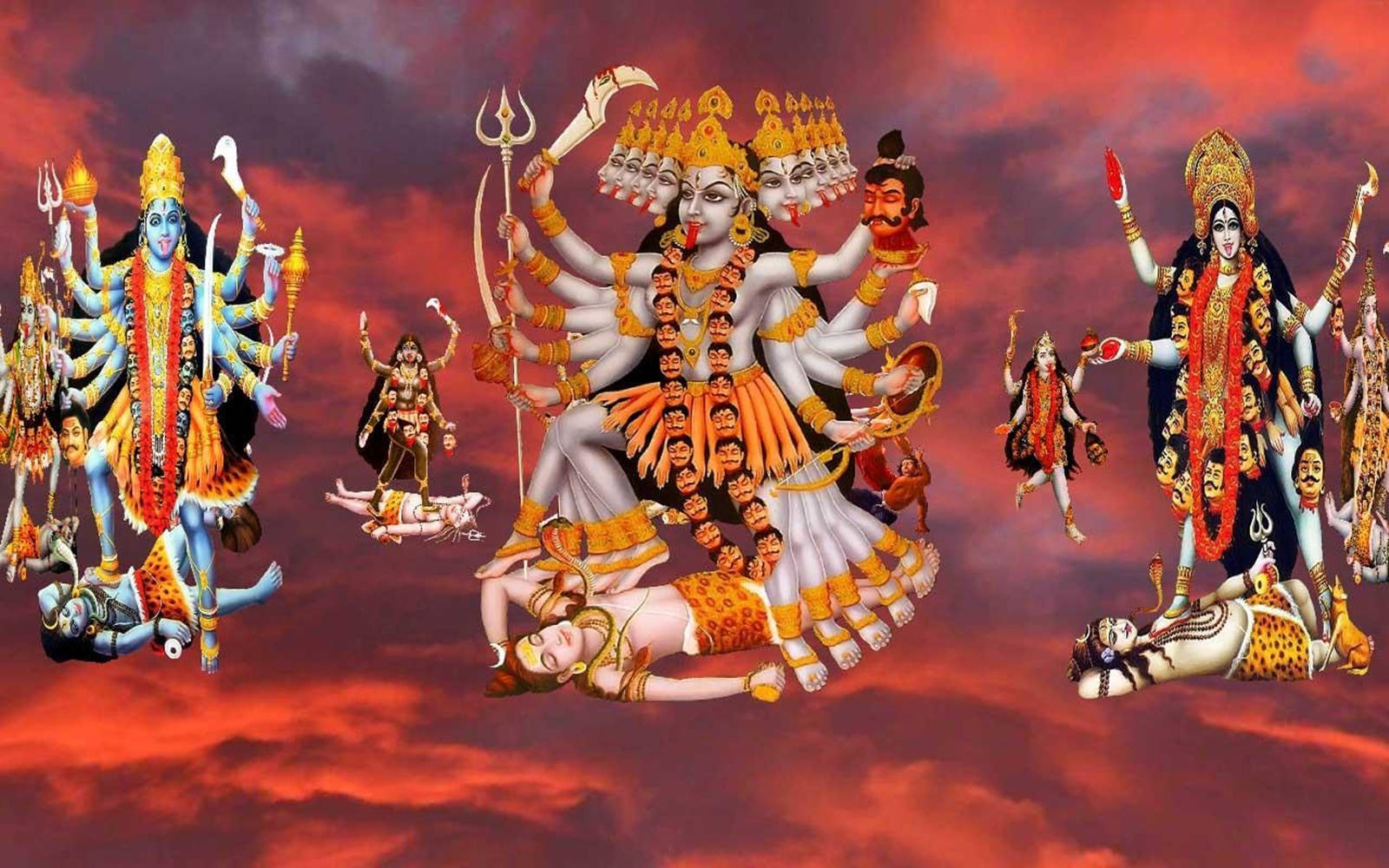 Hindu God 桌布 壁紙 — 多位擁有許多手臂和武器的印度教神靈漂浮在火紅和橙色的天空中。