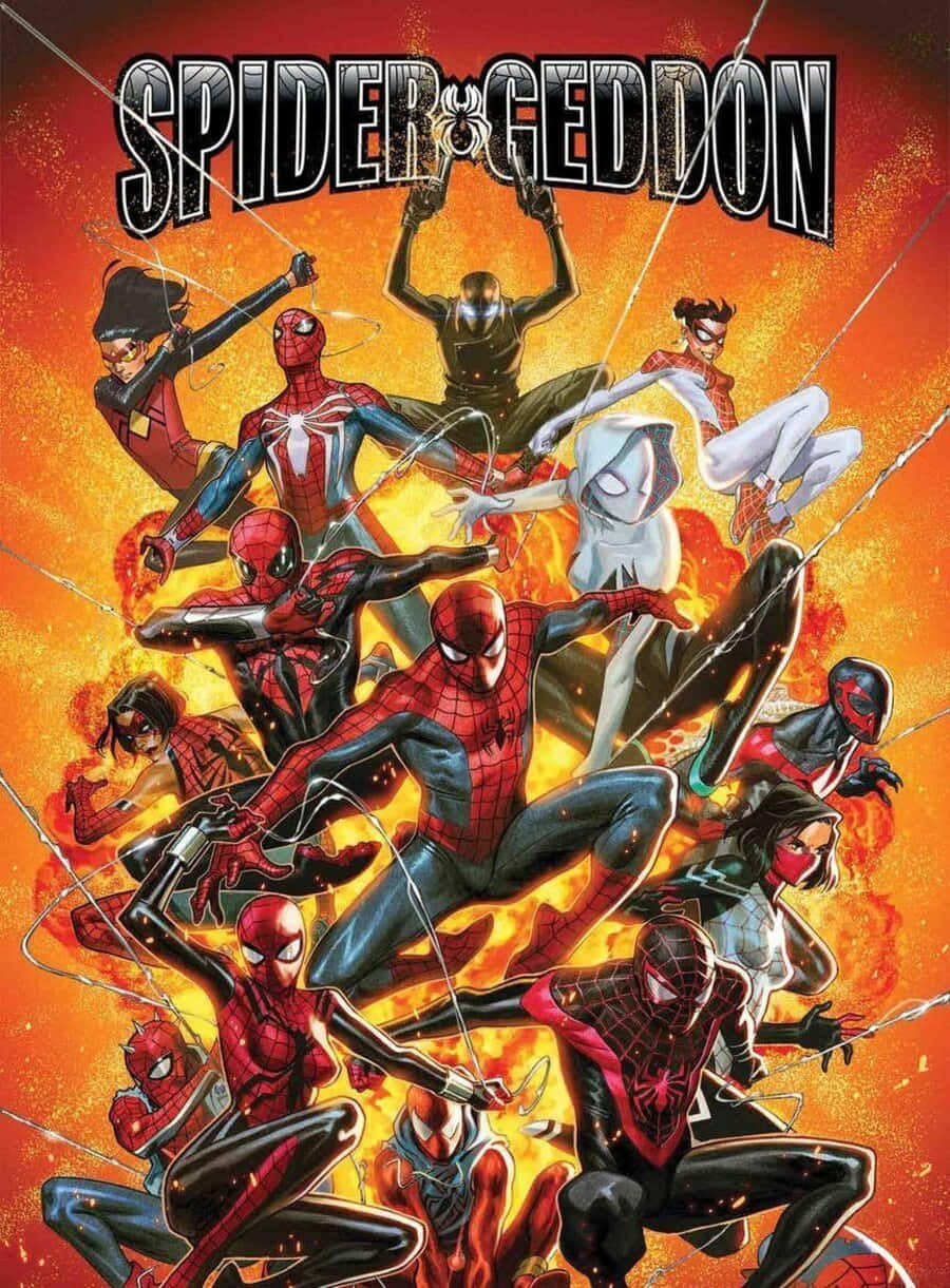 Spider-geddon 桌布 壁紙 — 多位蜘蛛俠英雄以動感姿態在熾熱的橙色火焰中擺盪，襯托大膽的標題背景。