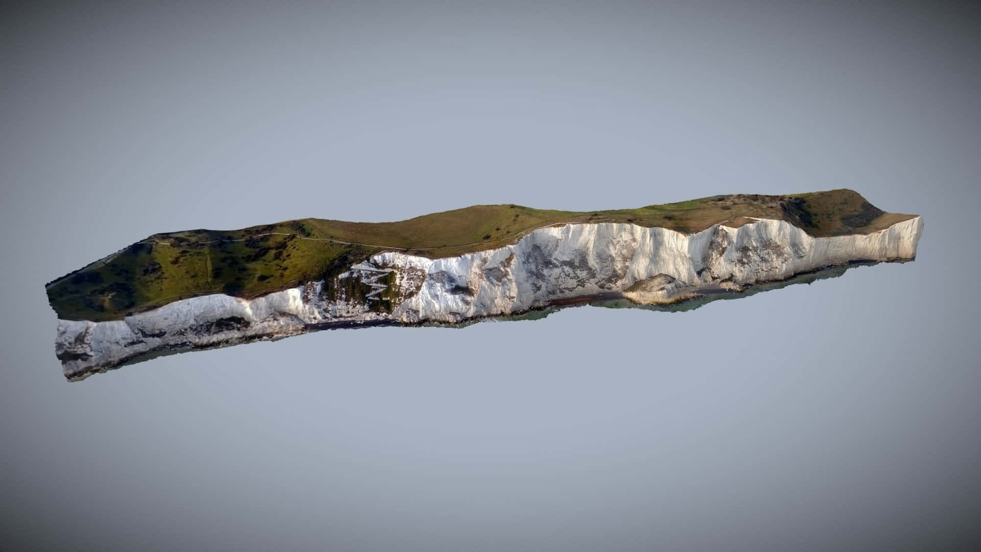 多佛白崖3D 壁紙 — 一個漂浮的3D渲染白色懸崖，頂部有綠色草地，背景是純灰色天空。