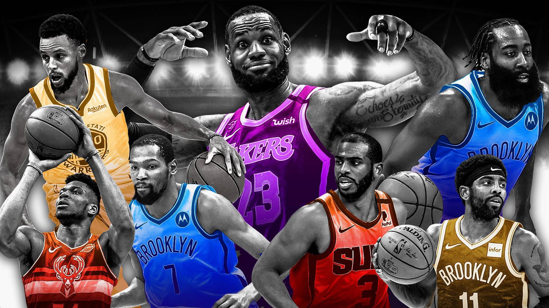 多個NBA球星桌面壁紙 壁紙 — NBA籃球明星身穿鮮豔隊服，在黑白競技場背景下手持籃球擺姿勢的動態拼貼畫。